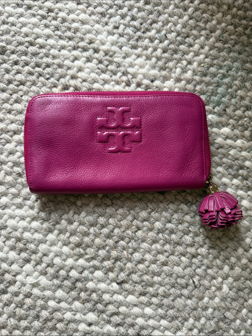 Tory Burch Magenta Leather Zip Wallet with Tassel